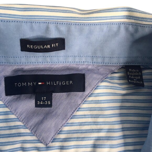 Tommy Hilfiger Shirt Mens 17 34-35 Blue White Stripe Regular Fit Button Down - Picture 7 of 14